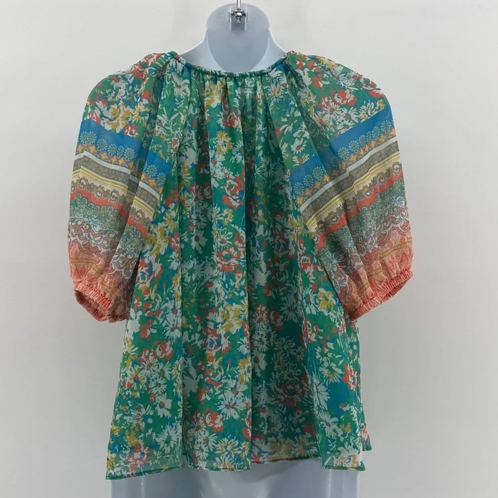 Current Air Los Angeles Floral Peasant Blouse Women Green Boho Puff Sleeve XS